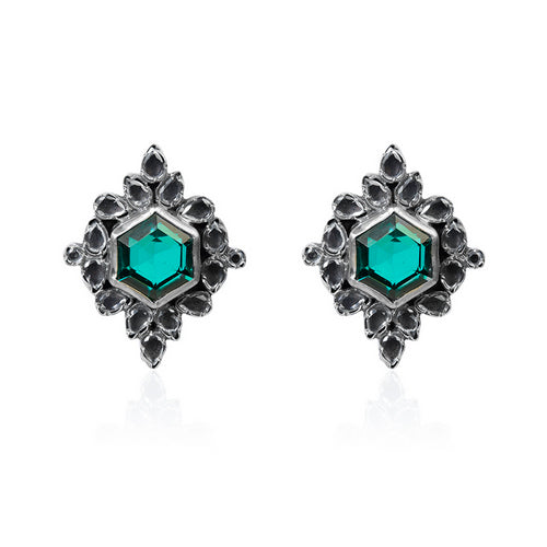 Oxidized Silver Stud Earrings with Hexagonal Emerald and Black Onyx Halo