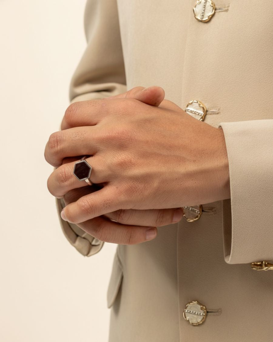 Hexa-Glow Statement Ring – Deep Maroon & Polished Silver