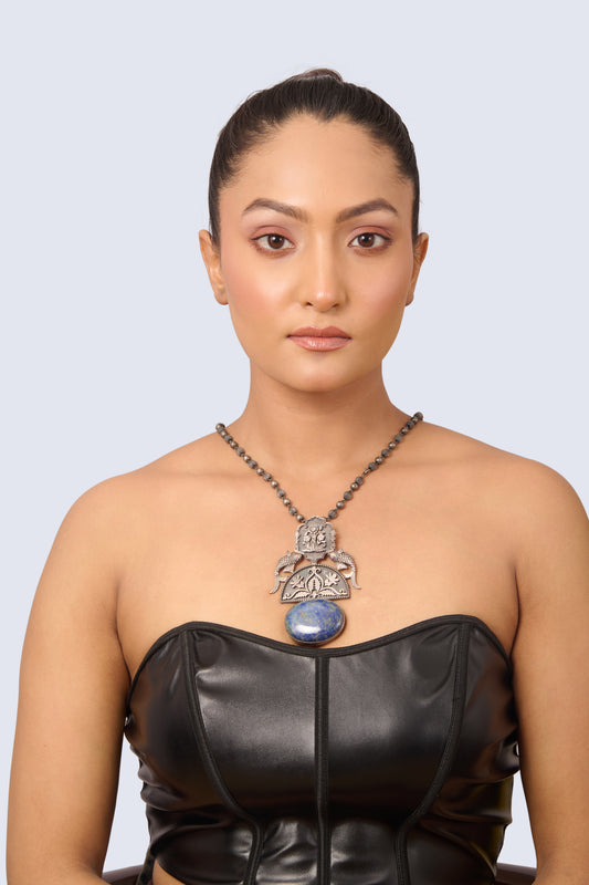 Oxidised Floral Peacock Pendant Set – Lapis Stone Accent