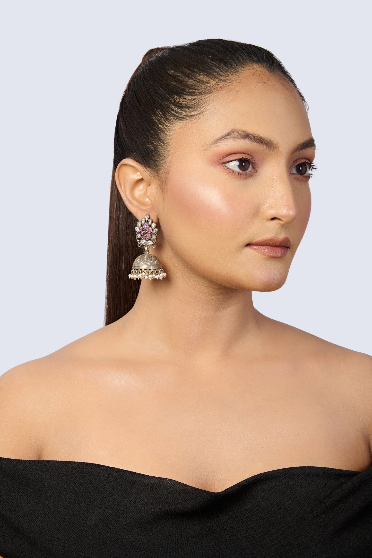 Oxidized Silver Jhumka Earrings with Pink & White Stones
