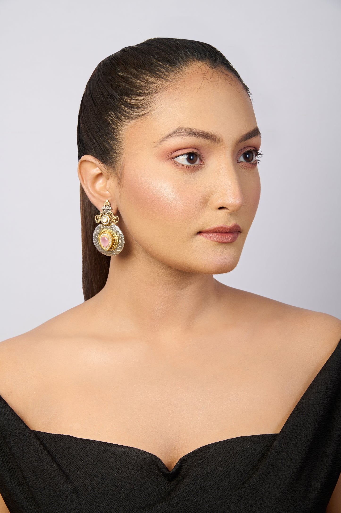Dual-Tone Oxidized Silver and Gold Pink Stone Earrings