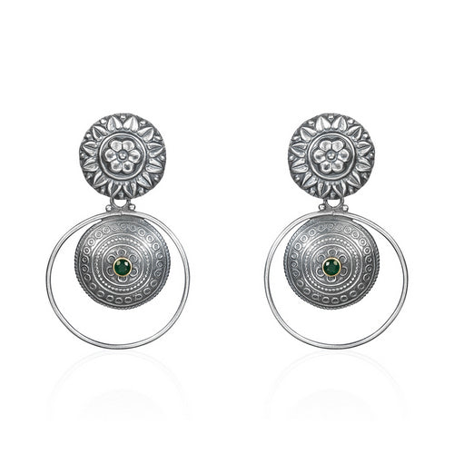 Oxidized Silver Mandala Drop Earrings with Green Stone