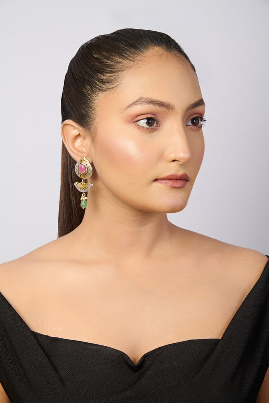 Dual-Tone Oxidized Silver & Gold Pink and Green Stone Dangle Earrings
