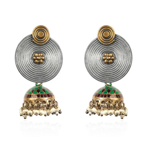 Dual-Tone Meenakari Jhumka Earrings with Pearl Drops