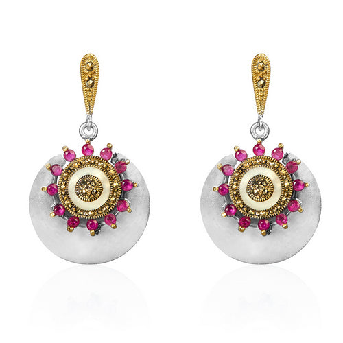 Dual-Tone Ruby Stud Earrings with Intricate Design