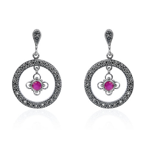 Oxidized Silver Marcasite & Rhodolite Hoop Earrings