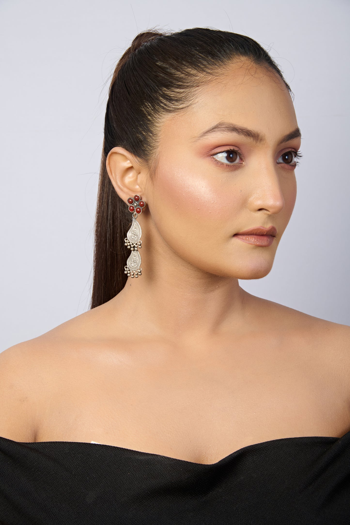 Oxidized Silver Carnelian Floral Drop Earrings