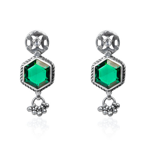 Oxidized Silver Dangle Earrings with Hexagonal Emerald and Dangling Silver Charms