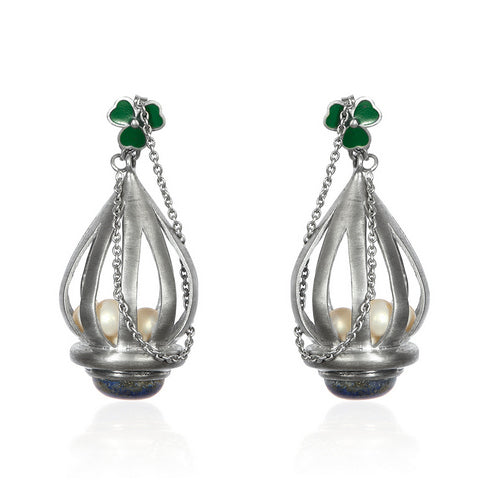 Silver-Tone Teardrop Cage Earrings with Pearls & Green Enamel