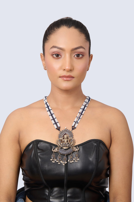 Silver Tone Lakshmi Elephant Necklace with Blue Sapphires and Pearl Beads