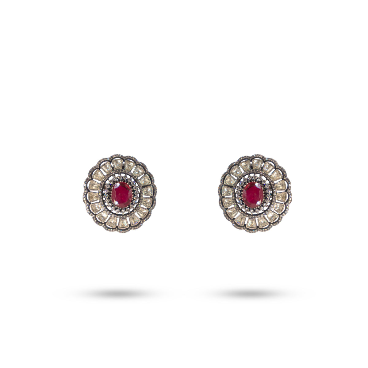 925 Silver Regal Ruby-Red & Polki Stud Earrings