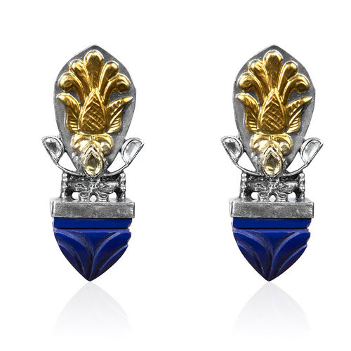 Oxidized Silver & Gold Tone Stud Earrings with Carved Lapis Lazuli Drop