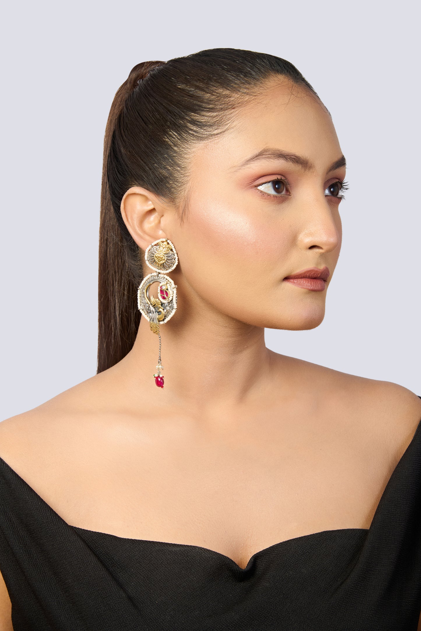 Oxidized Silver Peacock Dangle Earrings with Gold, Pearls, and Ruby Drop
