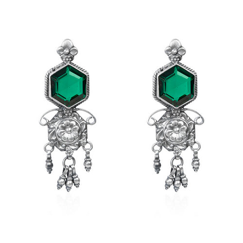 Oxidized Silver Dangle Earrings with Hexagonal Emerald and Silver Charms