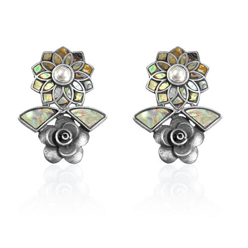 Traditional Indian Silver Stud Earrings with Mother-of-Pearl Petals and Pearl Detail
