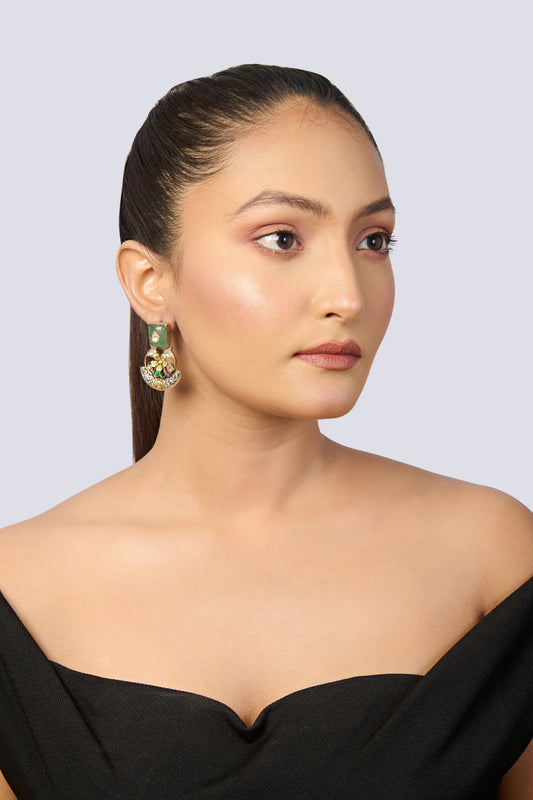 Dual-Tone Oxidized Silver & Gold Green Stone Floral Dangle Earrings