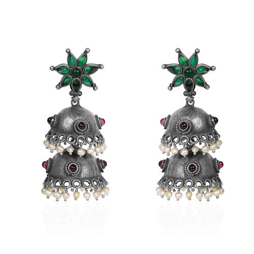 Jaipuri Antique Oxidized Silver Double Jhumka Earrings with Green and Maroon Gems and Pearls