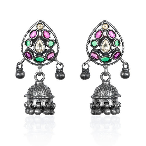 Jaipuri Antique Oxidised Jhumka Earrings with Multi-Color Stones