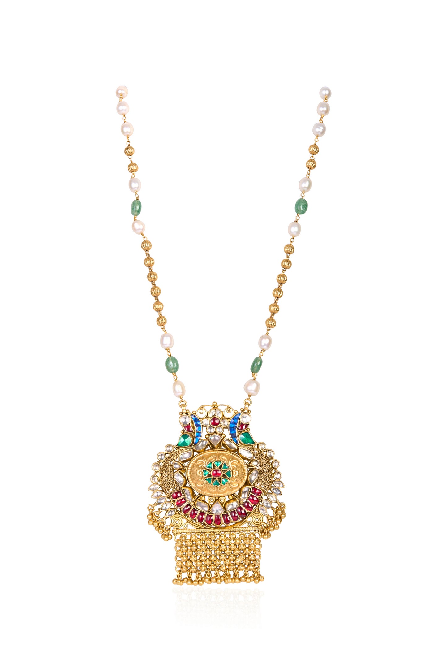 Long Necklace with Enamel, Ruby, Emerald, Pearl, and White Gem Pendant