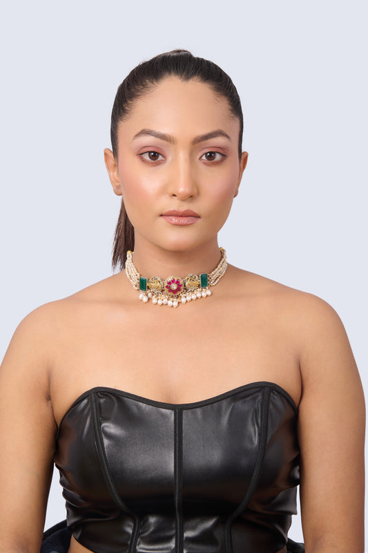 Oxidized Silver and Gold Choker with Peacock Motifs, Emeralds, Rubies, Pearls, and Kundan Style