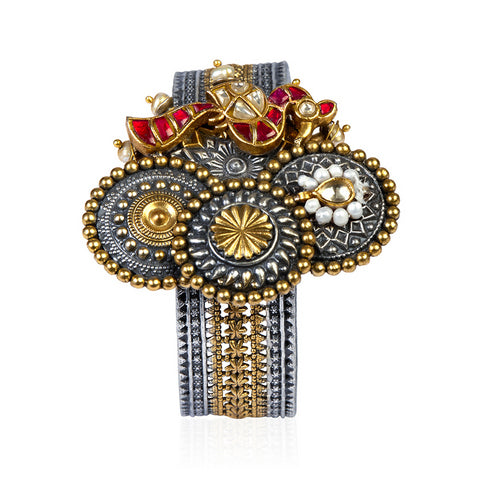 Oxidized Silver and Gold Cuff Bracelet with Rubies, Pearls, and Kundan Accents