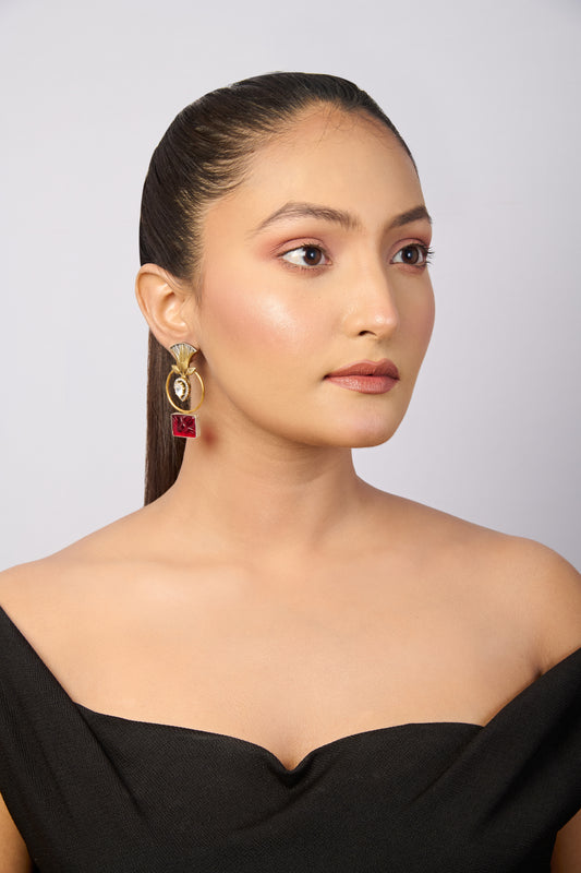 Dual-Tone Oxidized Silver & Gold Carved Red Stone Dangle Earrings