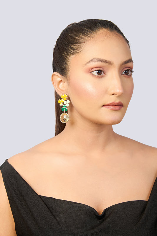 Diorette Style Enamel Clover Drop Earrings with Amber Stone