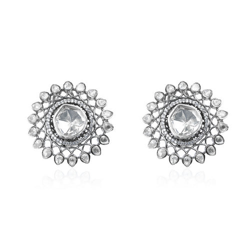 Women's Ethnic Silver Earrings with White CZ Center and Uncut Polki Petals