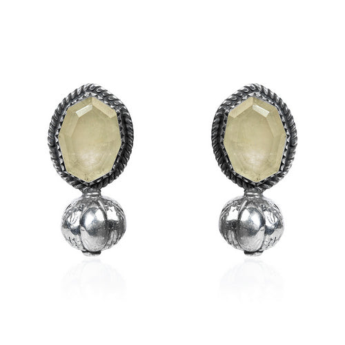 Oxidized Silver Stud Earrings with Oval Moonstone and Textured Silver Base