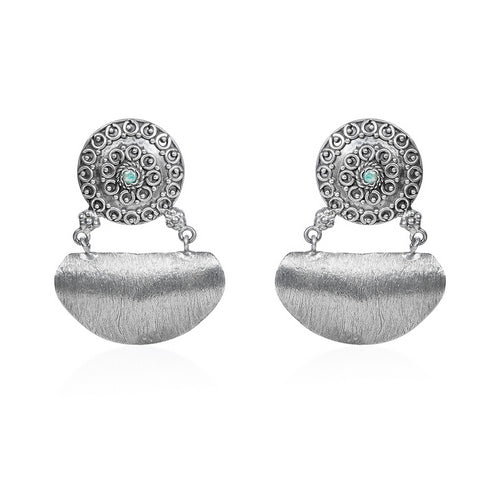 Oxidized Silver Stud Earrings with Dangling Textured Semi-Circles