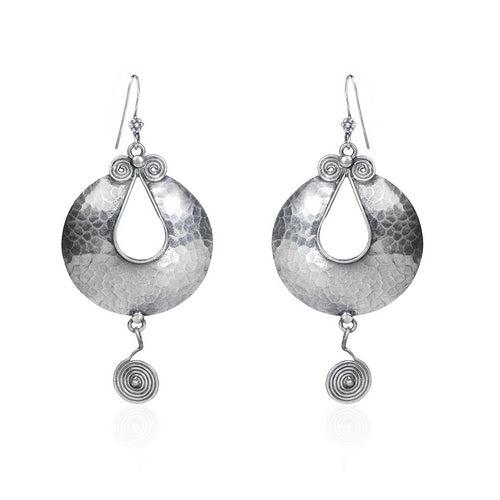Oxidized Silver Hammered Half-Moon Dangle Earrings with Spiral Drop