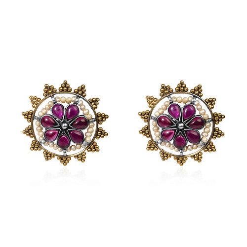 Oxidized Silver & Gold Tone Floral Stud Earrings with Magenta Stones and Pearl Border