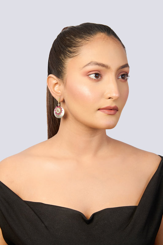 Dual-Tone Ruby Stud Earrings with Intricate Design