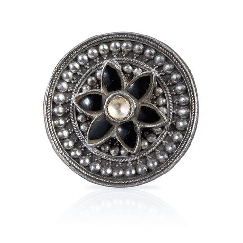 Oxidized Silver Adjustable Ring with Black Onyx Petals and White CZ Center