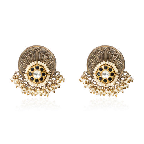 Oxidized Silver Stud Earrings with Black Onyx & White Kundan and Pearl Drops