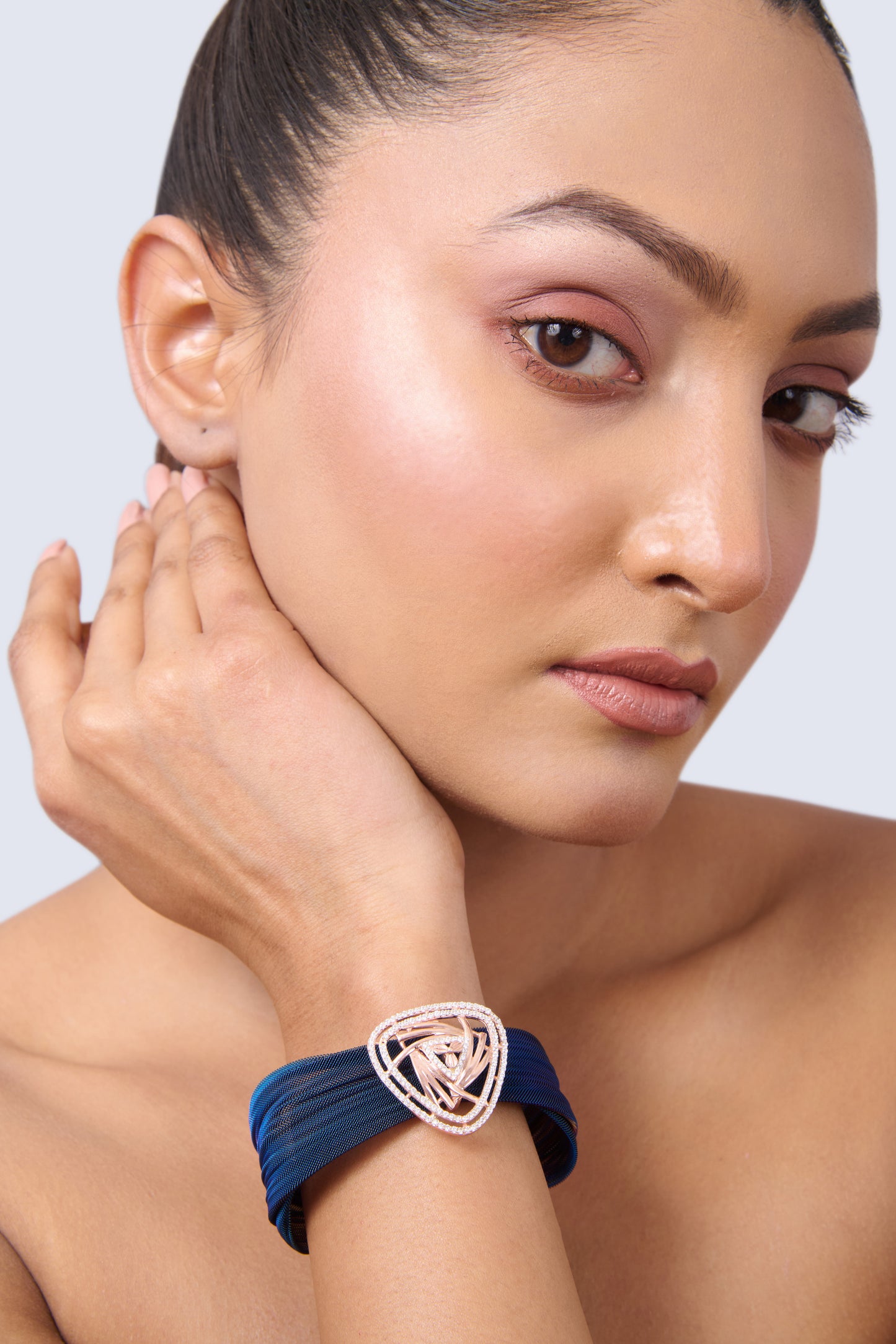 Modern Blue Mesh Bracelet with Geometric Rose Gold Accent and CZ