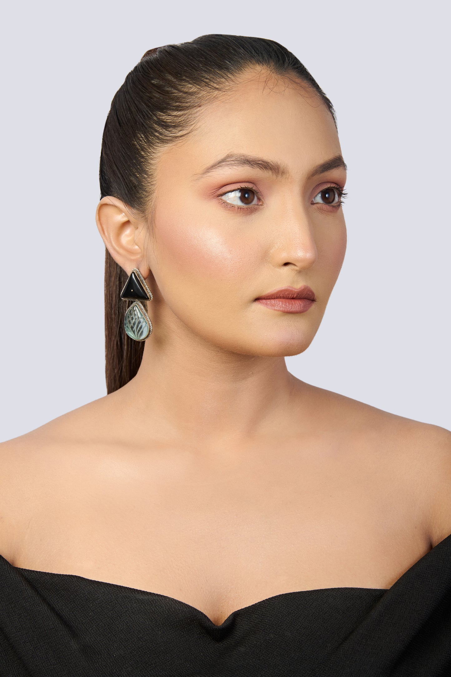 Oxidized Silver Dangle Earrings with Triangular Black Onyx and Carved Clear Quartz Drop