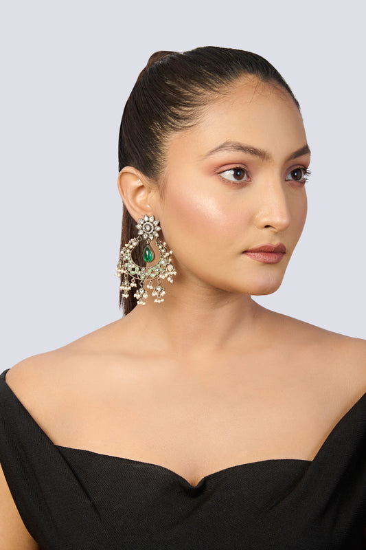Oxidized Silver Chandbali Earrings with Green Enamel, Kundan Top, and Pearl Drops