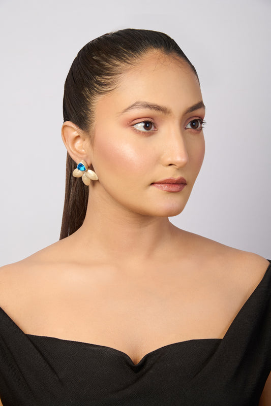 Brushed Silver Stud Earrings with Triangular Blue Gem and Leaf Petals