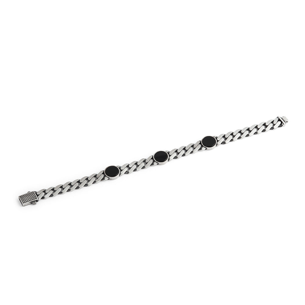 Bold Silver Chain Bracelet with Bezel Set Round Onyx Stones