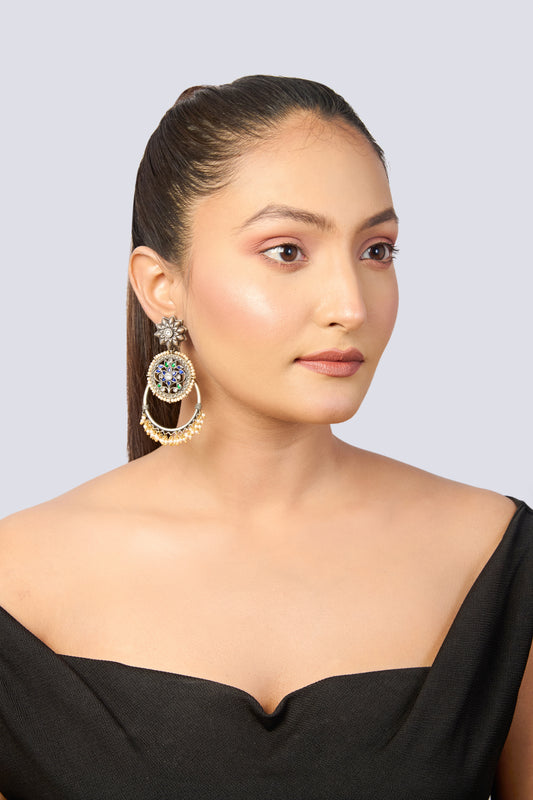 Oxidized Silver Meenakari Dangle Earrings with Pearl & Floral Design