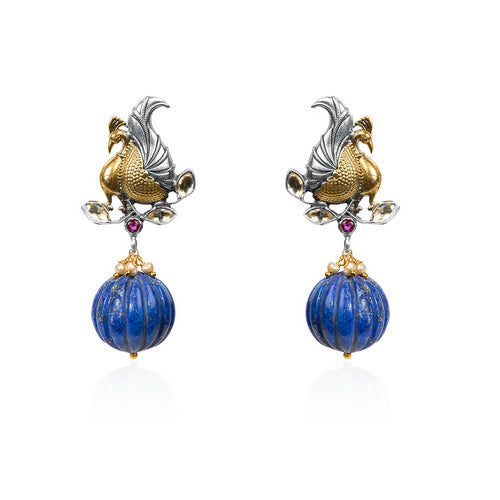 Dual-Tone Ethnic Danglers with Peacock Carving and Lapis Bead