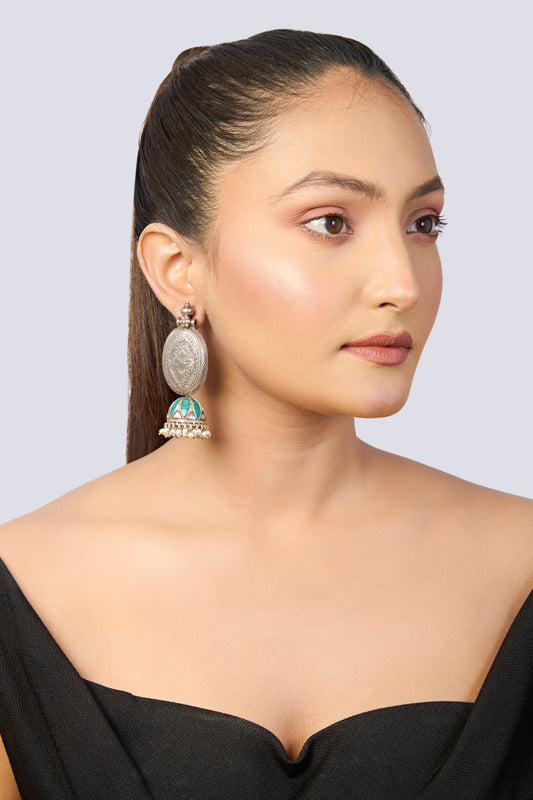 Oxidized Silver Jhumka Earrings with Carved Oval Top, Turquoise Inlay, and Pearl Drops