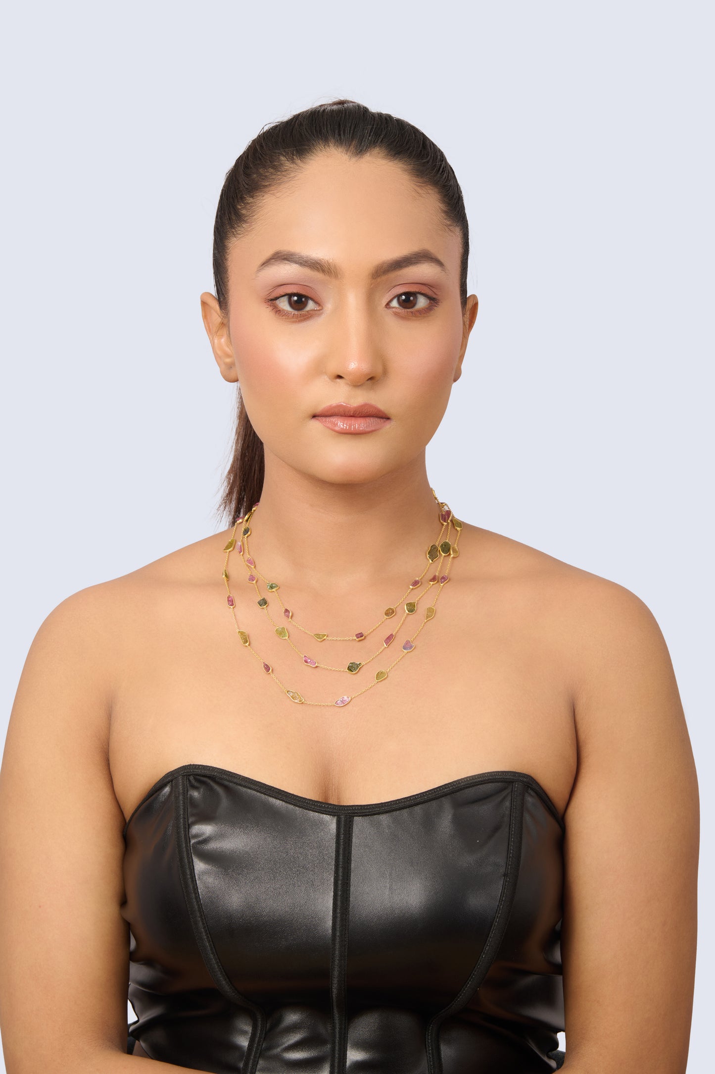 Women's Necklace with Unique Shaped Tourmalines in Assorted Hues (Three-Layer)
