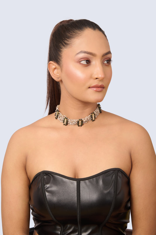 Seed Pearl Choker with Black Onyx and White Gem Accents