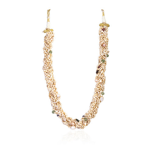 Multi-Strand Seed Pearl Necklace with Peridot, Garnet, and Iolite Accents