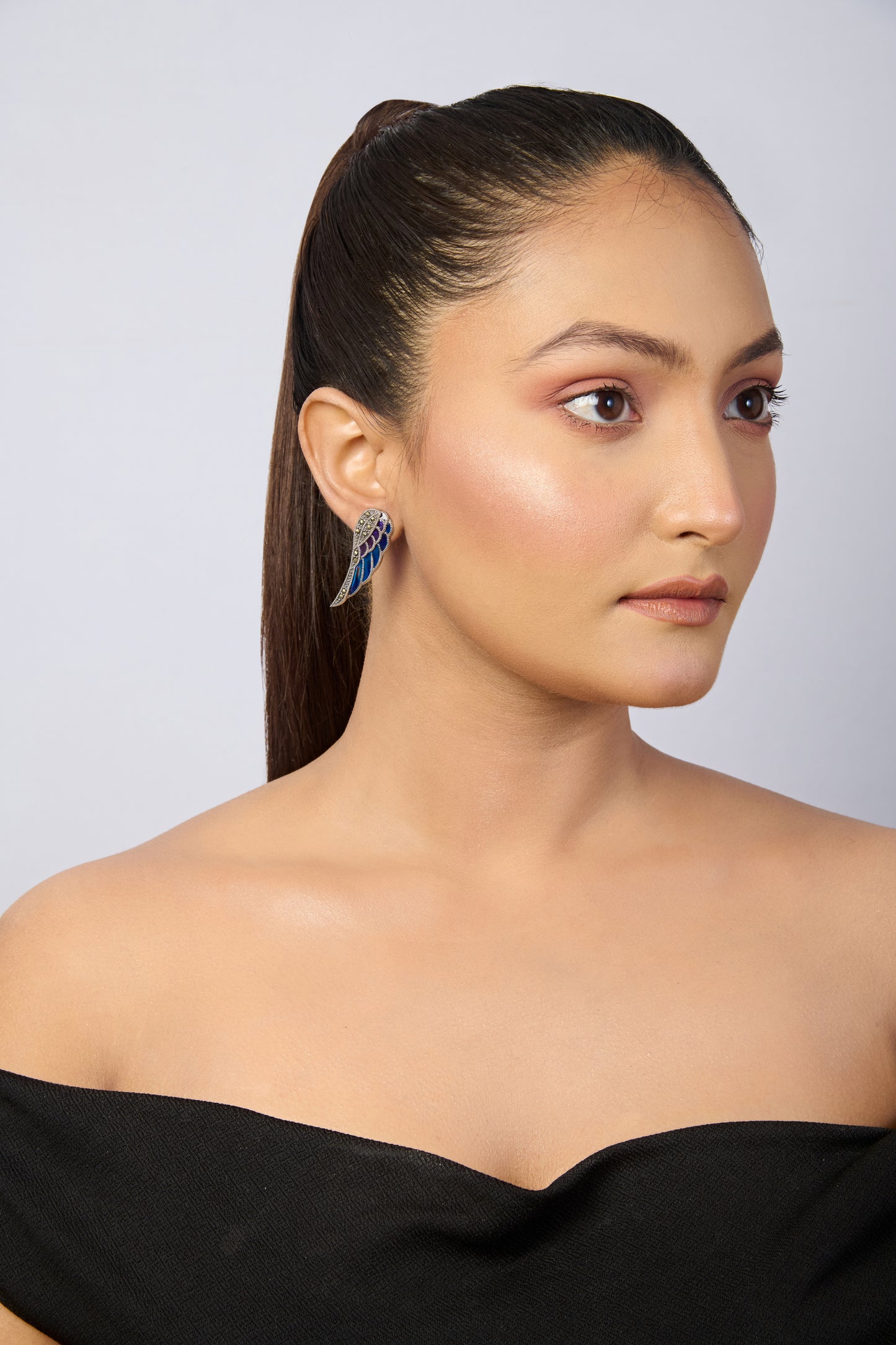 Oxidized Silver Angel Wing Stud Earrings with Blue, Purple & Black Enamel