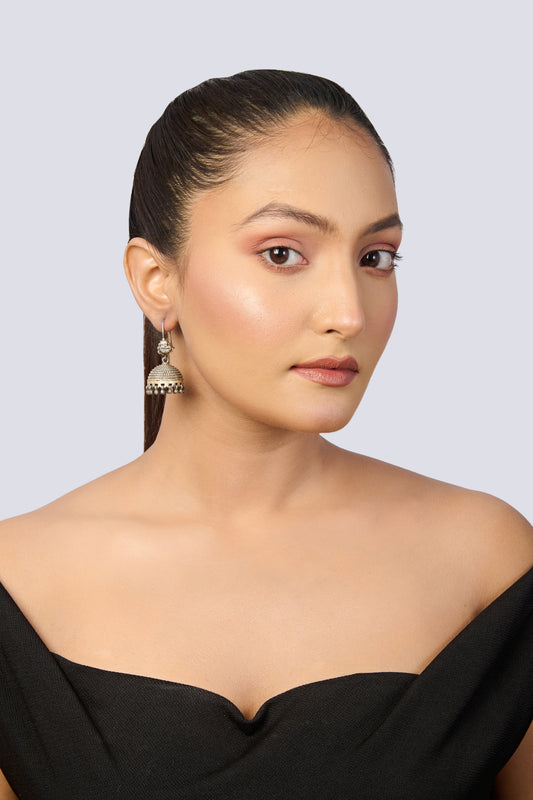 Oxidized Silver Floral Stud Jhumka Earrings with White Stone and Pearl Drops