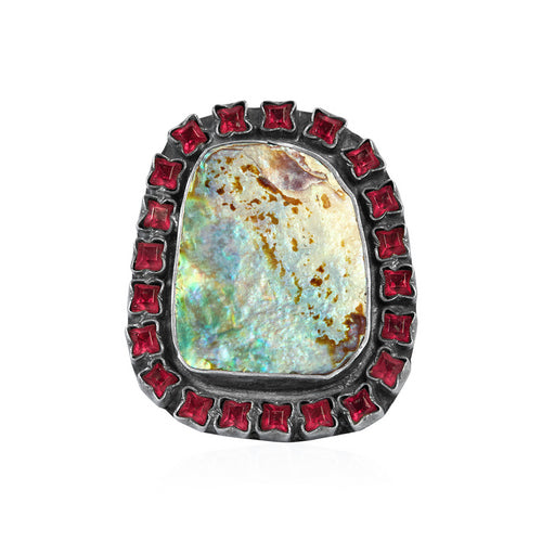 Women's Ornate Oxidized Silver Cocktail Ring with Iridescent mother of pearl and Ruby Accents