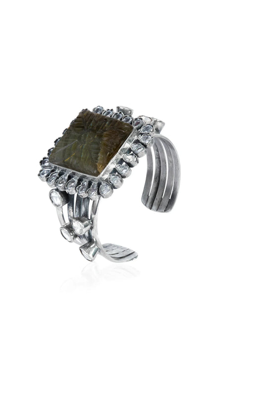 Dual-Tone Twisted Cuff Bracelet with Sapphire & Carved Gold Charm